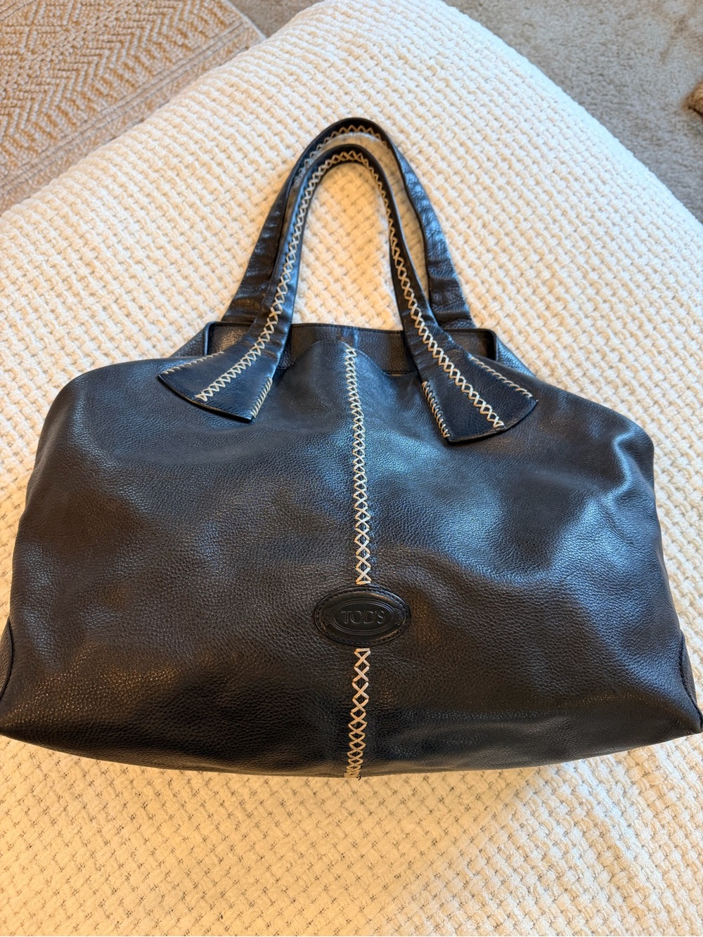 Tod's Black Leather Tote with Contrast Stitching